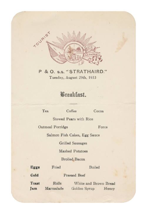 Tuesday Breakfast Menu on SS STRATHAIRD