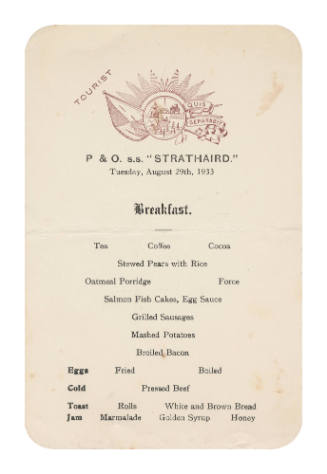 Tuesday Breakfast Menu on SS STRATHAIRD