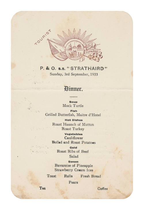 Sunday Dinner Menu on SS STRATHAIRD