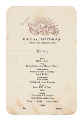 Sunday Dinner Menu on SS STRATHAIRD