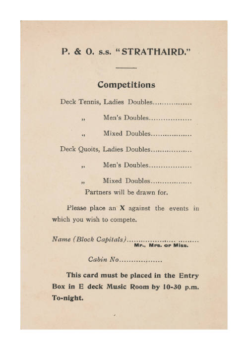 Deck tennis and quoits competitions participation card