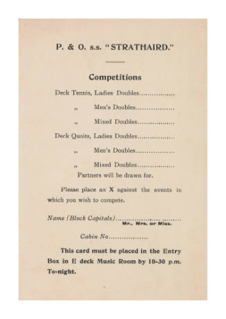 Deck tennis and quoits competitions participation card