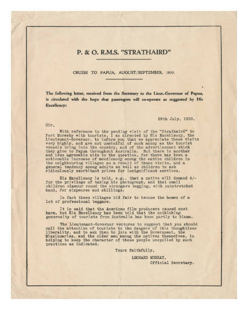 Letter from Lieutenant Governor of Papua to the passengers of RMS STRATHAIRD