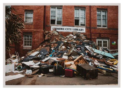 Pile of debris against wall of Lismore City Library