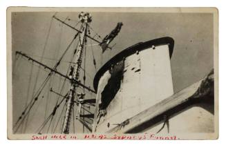 Shell hole in the funnel of HMAS SYDNEY II