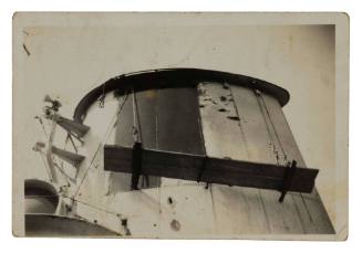 Close-up view of HMAS SYDNEY II funnel after repairs