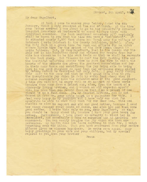 Typewritten English translation of letter to Engelbert from brother Franz