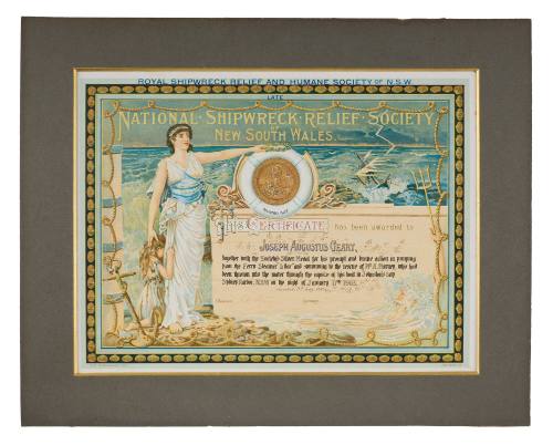 Certificate of the National Shipwreck Relief Society of NSW awarded to Joseph Augustus Geary