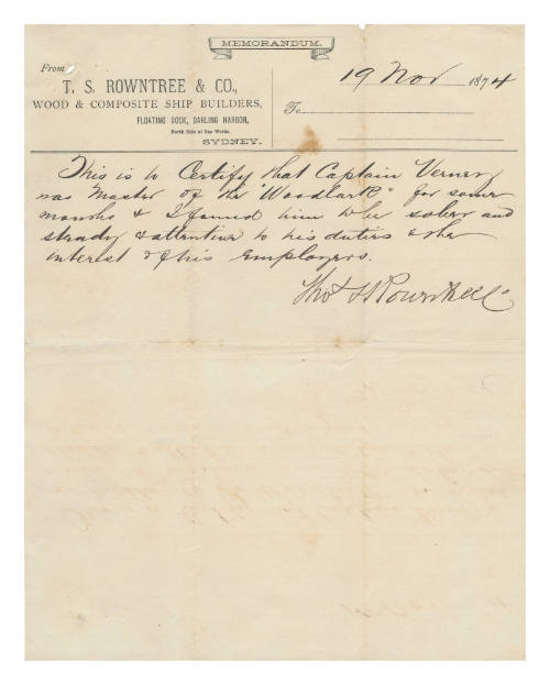 Testimonial letter for Captain Thomas Verney