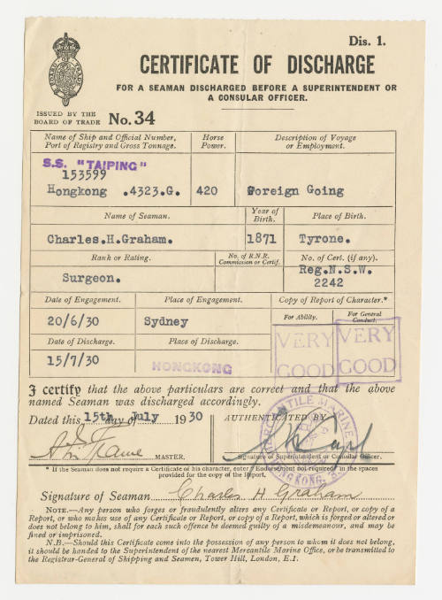 Certificate of Discharge for Charles H Graham from SS TAIPING