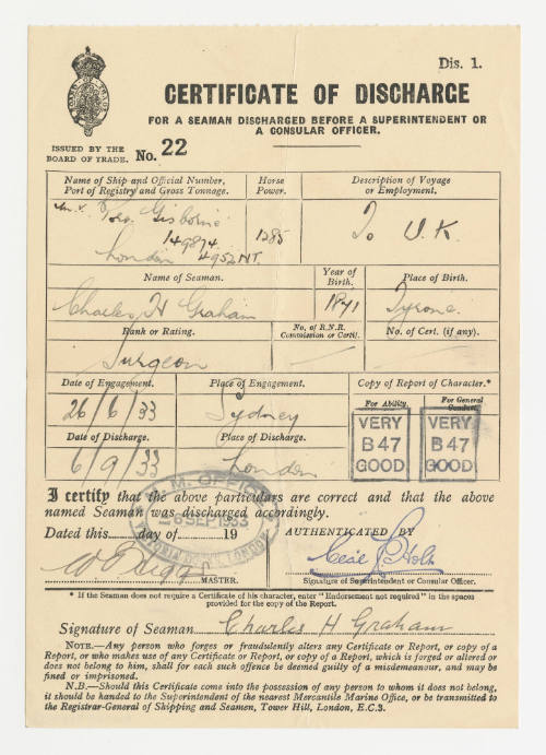 Certificate of Discharge for Charles H Graham from MV PORT GISBORNE