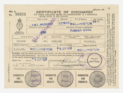 Certificate of Discharge for Charles H Graham from RMS MAUNGANUI