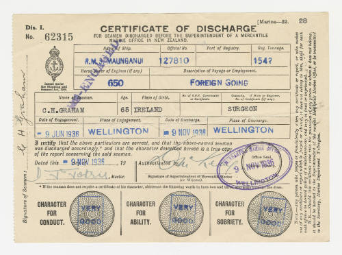 Certificate of Discharge for Charles H Graham from RMS MAUNGANUI