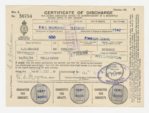 Certificate of Discharge for Charles H Graham from RMS MAUNGANUI