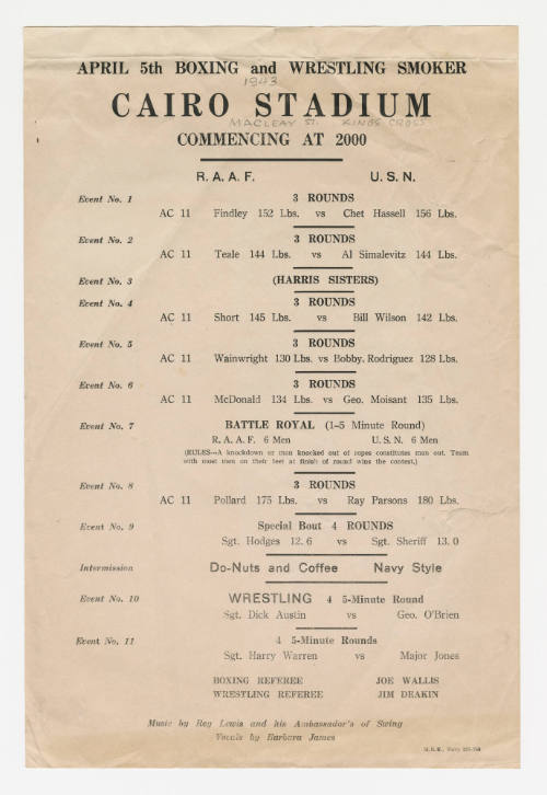 Program for Boxing and Wrestling Smoker between RAAF and USN