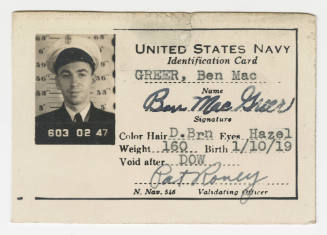 United States Navy Identification Card issued to Ben Mac Greer