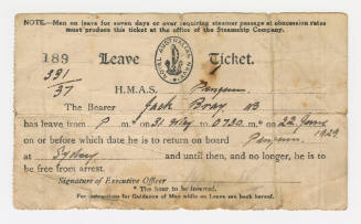 Leave ticket from HMAS PENGUIN (II) for Jack Cyril Bray