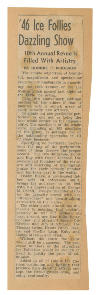 Newspaper clipping. 1946. Newspaper clipping with headline ''46 Ice Follies / Dazzling Show...' 