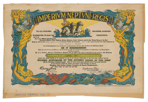 Certificate.  Crossing the line certificate, presented to Ruth Frost when travelling on board the "DAVID C SHANKS".  19 April 1946. Pre-printed certificate, with typewritten aditions, illustrations are colour.