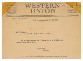 Telegram.  Western Union telegram, sent to William H Frost.  18 December 1945.  Pre-printed telegram, with typewritten message.  'WESTERN UNION' in bold print across the top. Telegram addressed to 'Mr W H Frost / PO Box 182 Fort Pierre S. Dak