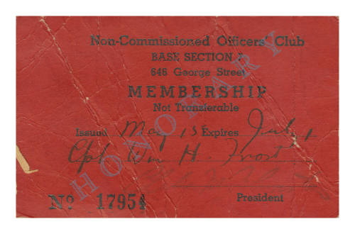 Card.  Non-commissioned officers club, membership card.  Pre-printed membership card, black print on red, handwritten additions. 