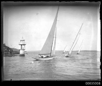 Four sailing boats racing close to shore near a stern view