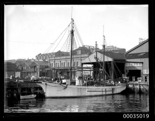 Sailing ketch CORWA berthed alongside a wharf in Darling Harbour, Sydney