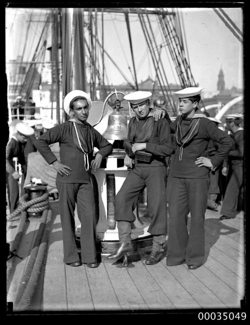 Chilean sailors posing on the deck of GENERAL BAQUEDANO