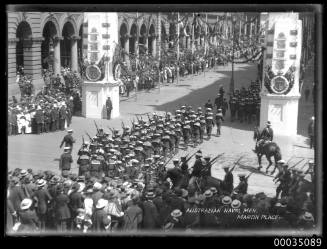 Royal Australian Navy men march through Martin Place for the Victory Parade