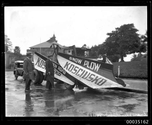 Mr H J Lamble and the Hon F A Chaffey inspecting a snow plough near the Sydney Conservatorium of Music