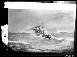 Steamship overwhelmed by waves in a storm