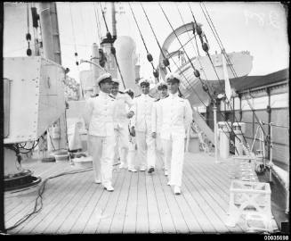 Royal Indian Navy officers on the deck of HMIS HINDUSTAN