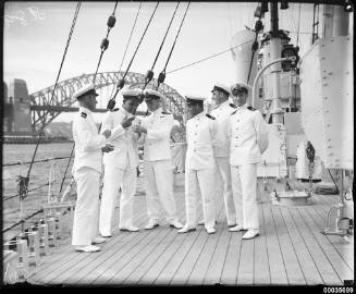 Royal Indian Navy officers on the deck of HMIS HINDUSTAN in Sydney