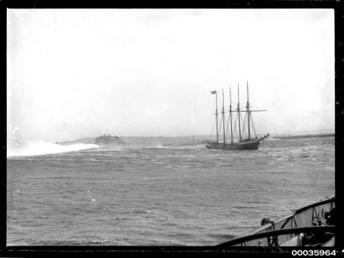 American Schooner INCA underway with reduced sail.