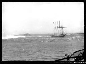 American Schooner INCA underway with reduced sail.