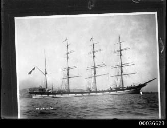 Starboard view of four mast barque POLTALLOCH at anchor in harbour.