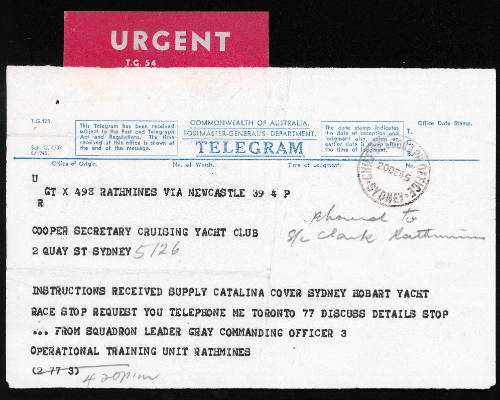 Urgent Telegram from RAAF Station Rathmines to the Secretary, Cruising Yacht Club