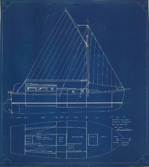 General arrangement plan of an auxiliary launch with sail rig