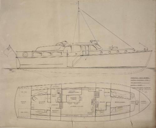 General arrangement plan of the motor cruiser WAITANGI (renamed LOUISE)