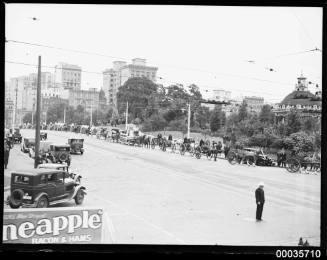 Parade of horse drawn vehicles in Park Street, Sydney