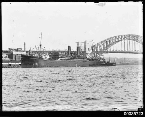 Unidentified passenger vessel with tug departing Sydney Cove.