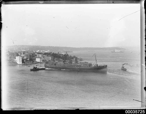 Unidentified passenger vessel being towed near Kirribilli Point, Sydney.