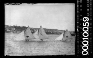 18-footers SWASTIKA, KERIKI and MISSISSIPI sailing on Sydney Harbour