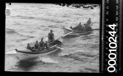 Surf life boats being towed, possibly NORTH STEYNE and CURL CURL, Sydney Harbour