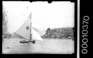 Lane Cove 12-foot skiff sailing near the Balmain shoreline