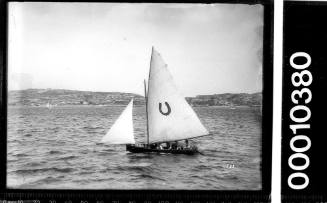 16-foot skiff on Sydney Harbour with a horseshoe emblem on the mainsail