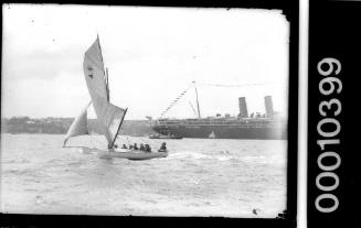 Half-decker and an ocean liner on Sydney Harbour