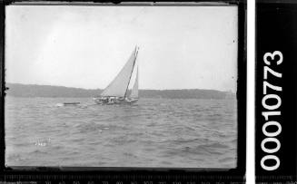 Large gaff-rigged raised-decker towing dinghy on Sydney Harbour