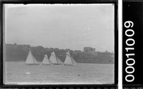 Four large yachts sailing near shoreline (possibly Cremorne), Sydney Harbour