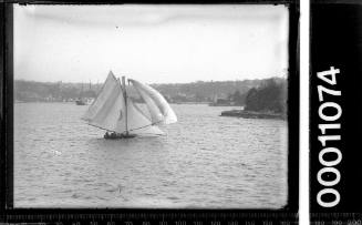 18-foot skiff with a crescent moon emblem on the mainsail, Sydney Harbour